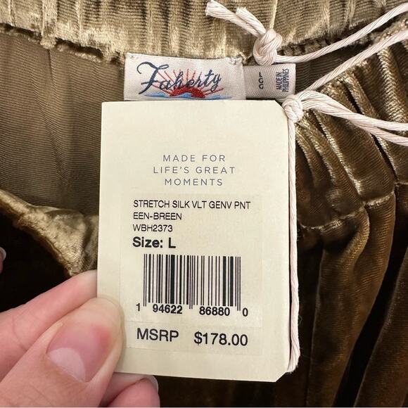 NWT Faherty Stretch Silk Velvet Genevieve Pants Green Size Large - Picture 3 of 11